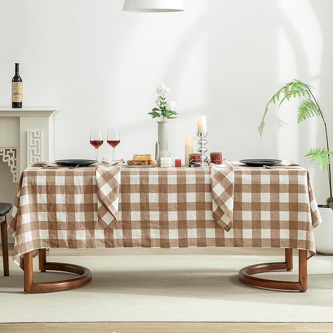 EVERLY 100% Yarn-Dyed Linen Rectangle Tablecloths 60x144Inches for Dining,Buffet Parties,Picnic,Events and Restaurants,Decorative Halloween,Thanksgiving Machine Washable Tablecloths-Brown Plaid