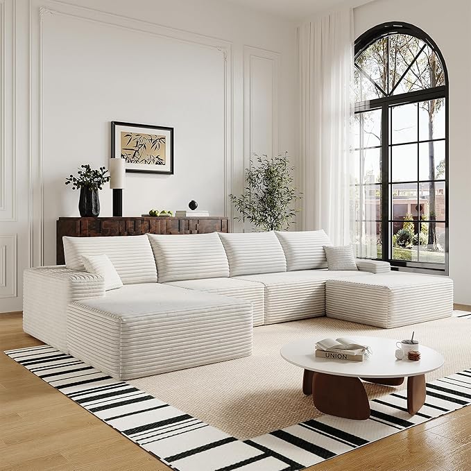 136" Sectional Couches for Living Room Modern Modular Sofa with L-Shape Couchs Upholstered Boneless Couch Deep Seat Sectional Couch with Chaise (White, Left Facing Chaise+3Seaters+Ottoman)