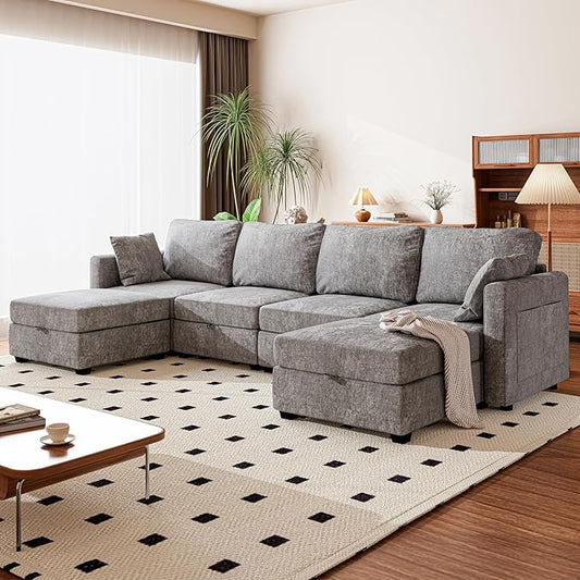 mestyl Modular Sectional Sofa Convertible U Shaped Sofa Couch Set with Storage for Living Room, Modern 4 Seater Modular Sectional Couch with 2 Movable Ottoman (Grey)