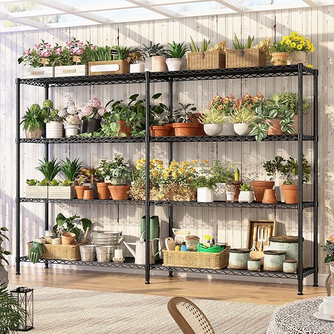 REIBII 69.8" W Storage Shelves 1250LBS Wire Shelving Unit 4 Tier Metal Shelving for Storage Rack Shelves Adjustable Heavy Duty Garage Shelf Pantry Shelves Kitchen Shelving, 69.8"Wx15.8"Dx62.9"H,Black