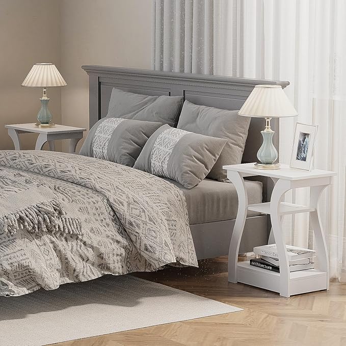 End Tables Living Room, White End Table with Charging Station,White Side Table, Nightstand for Bedroom, 3 Tier End Table with Storage Shelf for Living Room