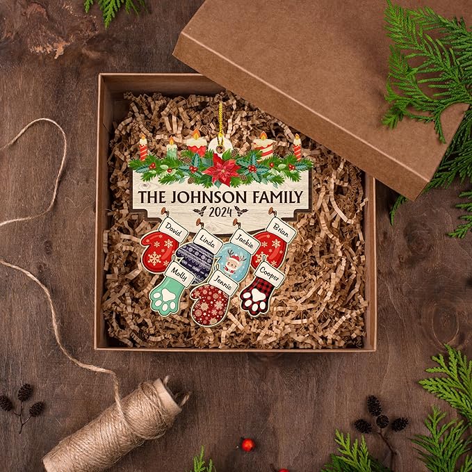 Family with Pet Ver 2 - Personalized Custom Wood Ornament, Family Gloves Christmas Ornament 2024, Xmas Ornament Gifts for Family Tree Decoration (A06, 10 Names)