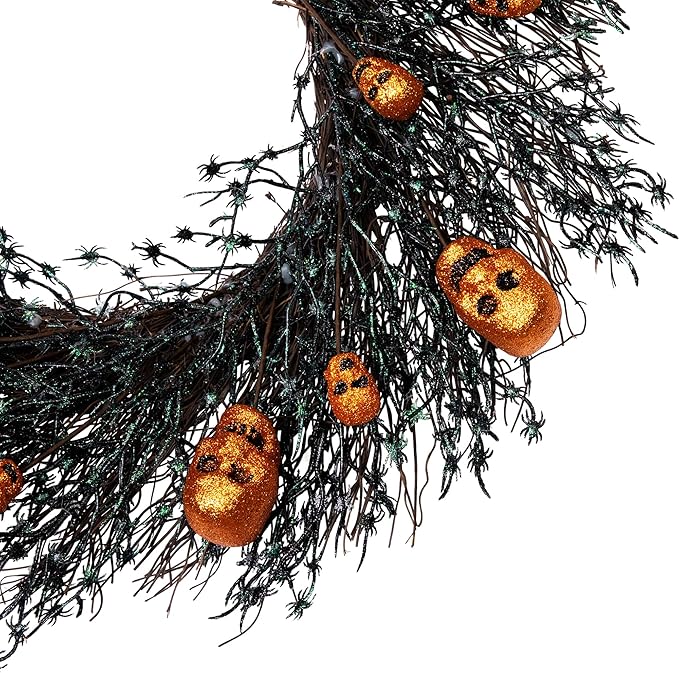 Glittered Skulls and Spiders Halloween Twig Wreath - 22" - Unlit