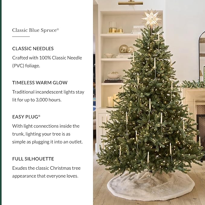 Balsam Hill 7.5ft Pre-Lit Classic Blue Spruce - Artificial Christmas Tree with 1000 Clear Incandescent Lights, Easy Plug Technology, Premium Stand & Storage Bag for Indoor Holiday Decorating