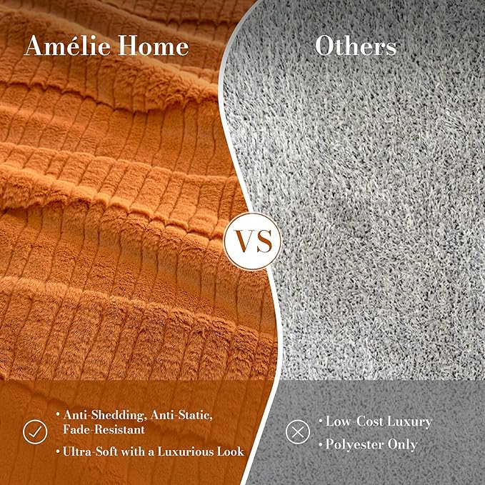 Amélie Home Luxury Striped Faux Fur Throw Blanket for Couch, Embossed Split Fur Cozy Fuzzy Fluffy Luxurious Soft Plush Sofa Chair Bed Gift Blankets for Women Men Wife Friend, 88"x90", Brown