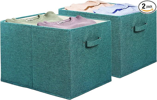 SIMPLE HOUSEWARE 15 x 13 Inch Collapsible Fabric Storage Bin with Handles, 2 Pack, Turquoise