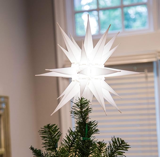 Elf Logic 12" Bright White LED Moravian Star Tree Topper - Hanging Outdoor/Indoor Christmas Tree Star Topper Light - Use as Holiday Decoration, Porch Light, Wedding and Ballroom Venue Decor