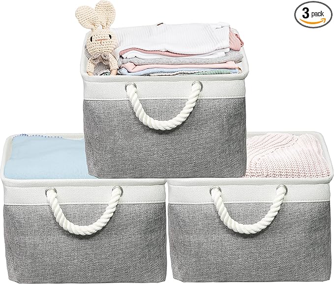 SIMPLE HOUSEWARE Large Fabric Storage Bin, 15.7" x 12" with Braided Handles, 3 Pack, Gray