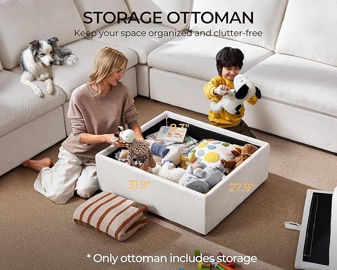 Oversized Modular Sofa Comfy Cloud Couch with Storage, Extra Deep Plush Sectional Sofa Set for Living Room, Covers Washable, Chenille, Olar (White, 6-Seater with 2 Ottomans, u-Shaped)