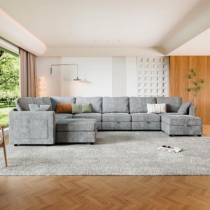 mestyl Modular Sectional Sofa Convertible Sofa Couch Set with Storage for Living Room, Modern 7 Seater Modular Sectional Couch with 2 Movable Ottoman (Grey)