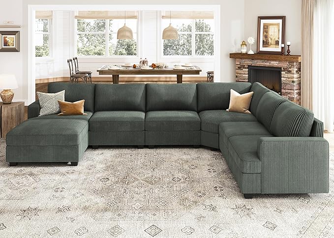 Nolany Modular Sectional Couch with Storage Ottoman, Corduroy Sectional Sofa with Chaise, U Shape Sectional Couches for Living Room, Green