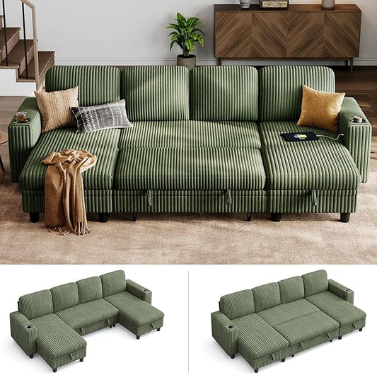 LINSY HOME Sectional Sleeper Sofa with Pull Out Couch Bed - Convertible Plush Corduroy Cloud Couch with Storage Chaise & USB Charging, Comfy U Shaped Modular Couches for Living Room, Green