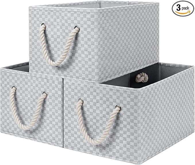 StorageWorks Storage Baskets for Shelves, Foldable Fabric Closet Storage Bins with Handles, Fabric Storage Bins Clothes Organizer, Gray Check, 3-Pack, Large