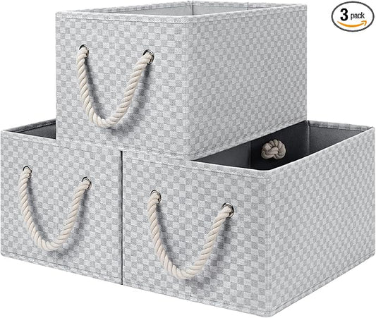 StorageWorks Storage Baskets for Shelves, Foldable Fabric Closet Storage Bins with Handles, Fabric Storage Bins Clothes Organizer, Gray Check, 3-Pack, Large