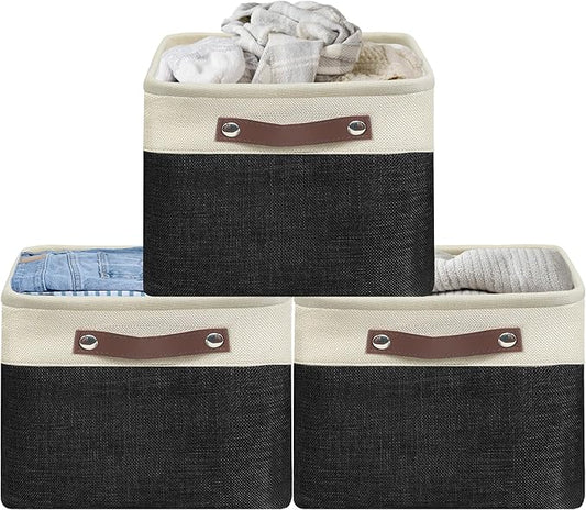 SIMPLE HOUSEWARE Large Fabric Storage Bin, 15" x 11" with Leather Like Handles, 3 Pack, Black