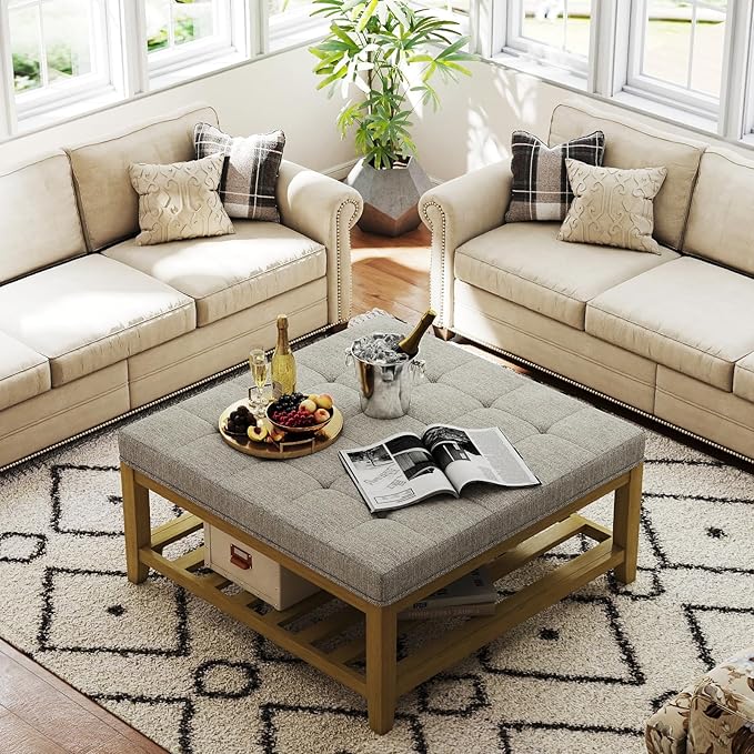 Large Square Ottoman Coffee Table, Linen Solid Upholstered Footrest Ottoman with Solid Wood Shelf Storage Tufted Coffee Table for Bedroom Living Room, Linen