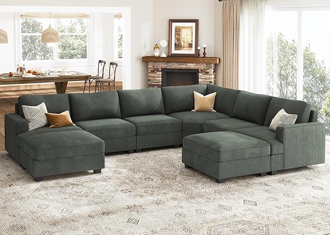 Nolany Sectional Sofa with Storage Ottoman, Corduroy Modular Sectional Couch, U Shape Sectional Couches for Living Room, Green