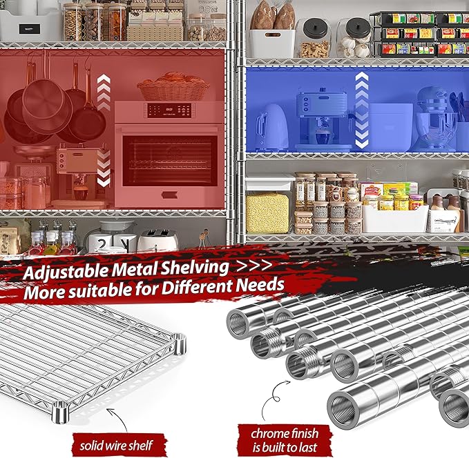 REIBII 1500LBS Storage Shelves 61.7''W Wire Shelving Unit 5 Tier Metal Shelving for Storage Rack Shelves Heavy Duty Garage Shelf Pantry Shelves Kitchen Shelving, 61.7" W*72.4" H*15.8" D, Chrome