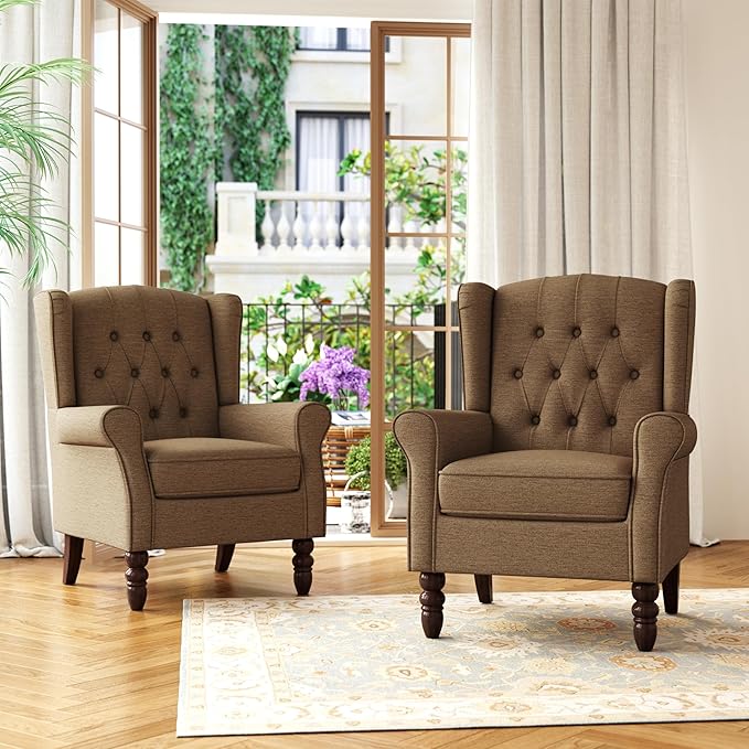 Accent Chair, Upholstered Armchair with Button Tufted High Back & Solid Wood Legs, Comfy Wingback Reading Single Sofa Chair for Small Spaces, Living Room, Bedroom (Brown, Set of 2)