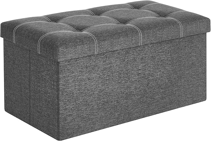 SONGMICS Mazie Collection - 30 Inches Ottoman Storage Bench, 21 Gal. Folding Chest with Breathable Linen-Look Fabric, Load up to 660 lb, for Entryway, Living Room, Bedroom, Dark Gray ULSF001G01
