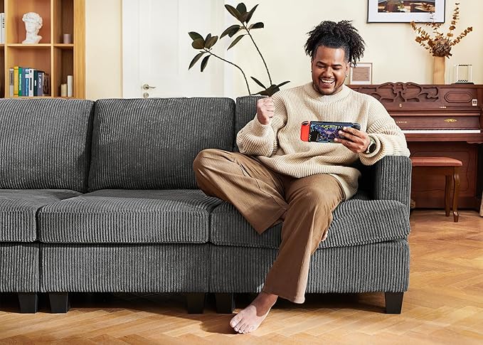 Nolany Corduroy Sectional Couch with Storage Ottoman, Sleeper Sectional Sofa, Modular Sectional Couches for Living Room, Dark Grey