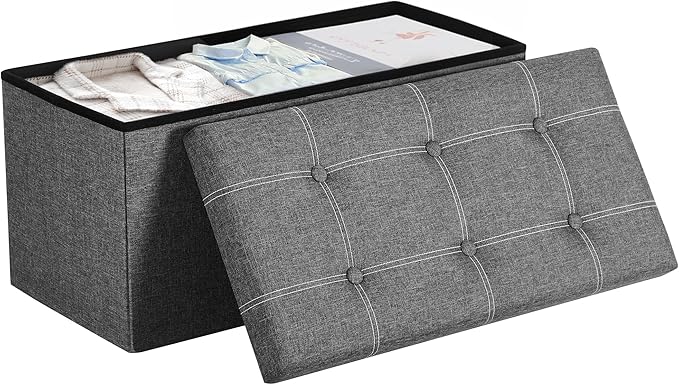 SONGMICS Mazie Collection - 30 Inches Ottoman Storage Bench, 21 Gal. Folding Chest with Breathable Linen-Look Fabric, Load up to 660 lb, for Entryway, Living Room, Bedroom, Dark Gray ULSF001G01