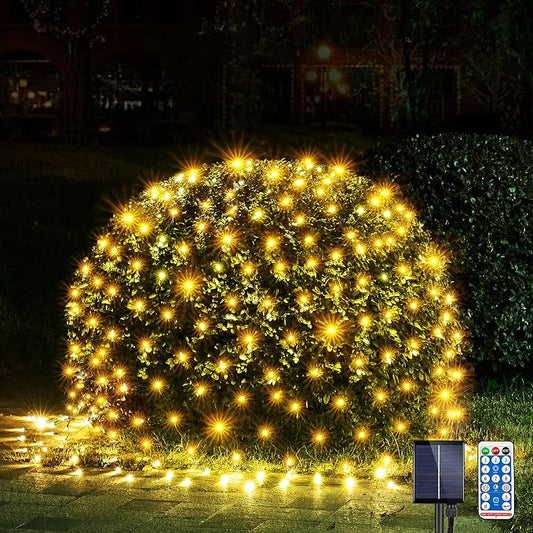 WBao Solar Christmas Lights Outdoor 200LED 8.4ft x 5.2ft Christmas Net Lights with Remote, 8 Lighting Modes, Timer, Waterproof for Lawn, Bushes, Shrubs, Trees Outdoor Christmas Decorations, Warm White
