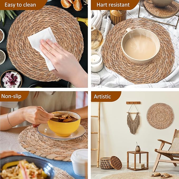 Defined Deco Woven Placemats Set of 10,12" Round Rattan Placemats,Natural Hand-Woven Water Hyacinth Placemats,Farmhouse Weave Place Mats,Rustic Braided Wicker Table Mats for Dining Table,Home,Wedding.