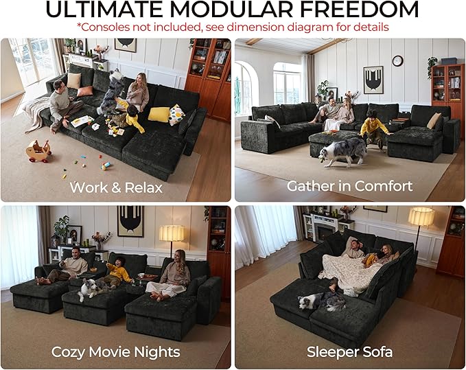 Oversized Modular Sofa Comfy Cloud Couch with Storage, Extra Deep Plush Sectional Sofa Set for Living Room, Covers Washable, Chenille, Olar (Black, 4-Seater with Ottoman, l-Shaped)