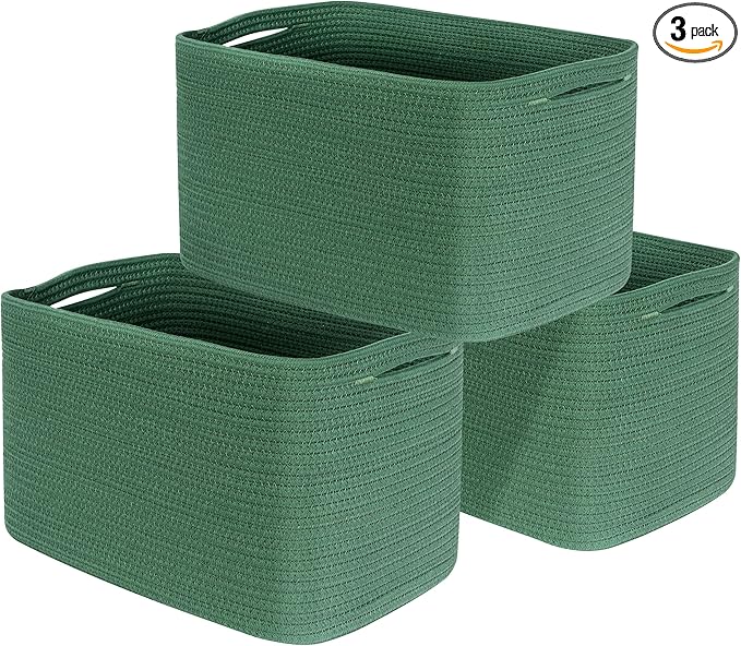 MINTWOOD Design 3-Pack Decorative Woven Storage Baskets for Shelves, Cube Bin Box for Organizing Books, Shoes, Dog Toys, Pantry Closet and Living Room Organizer, Forest Green