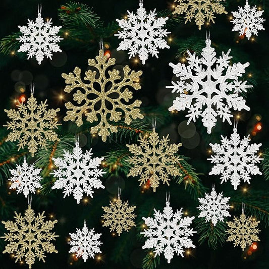 36pcs Snowflakes-Christmas Tree Decorations, Snowflake Ornaments for Tree, Plastic Glitter White Gold Snow Flakes Ornaments, Christmas Indoor Winter Wonderland Frozen Birthday Party Holiday Home Decor