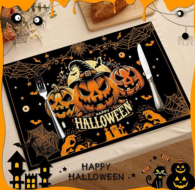 Halloween Spooky Placemats Set of 4, 12x18 Inch Pumpkin Bat Table Mats, Washable Heat Resistant Place Mats for Kitchen Dining Table, Halloween Themed Decoration for Home-B05