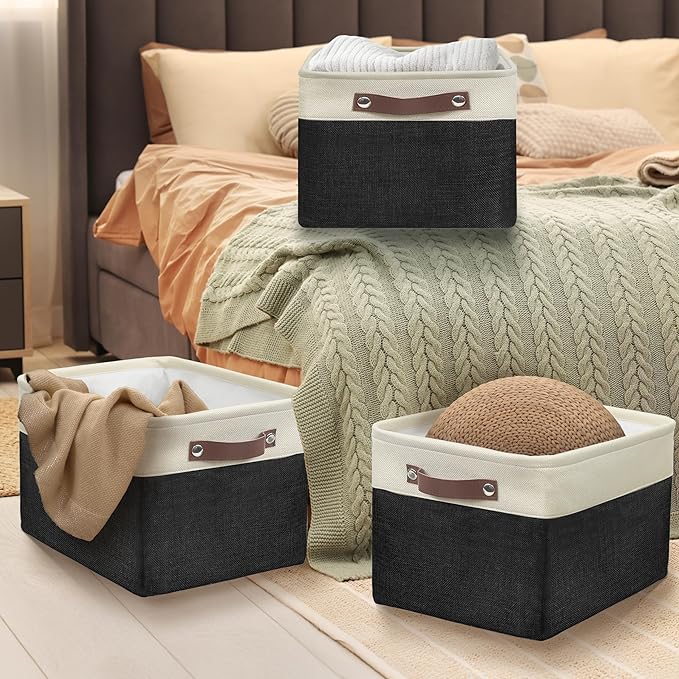 SIMPLE HOUSEWARE Large Fabric Storage Bin, 15" x 11" with Leather Like Handles, 3 Pack, Black