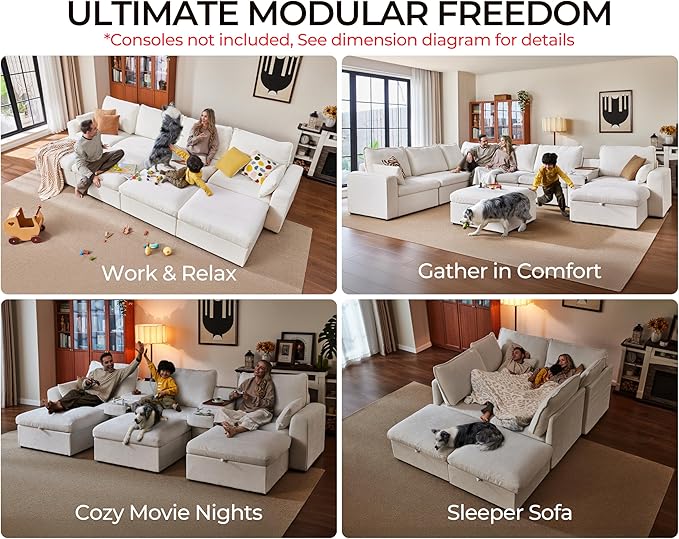Oversized Modular Sofa Comfy Cloud Couch with Storage, Extra Deep Plush Sectional Sofa Set for Living Room, Covers Washable, Chenille, Olar (White, 6-seatser with Corner & Ottoman, v-Shaped)