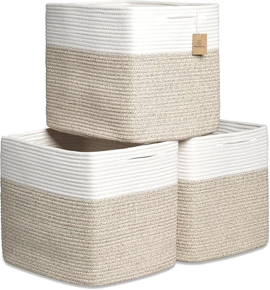 NaturalCozy 13x15x13 Kallax Storage Cubes Bins, 3 Pack | Cotton Rope Cube Storage Bin Woven Baskets for Organizing | Kallax Insert Storage Baskets for Shelves Organizer, Kids Toy, Closet Baby Nursery
