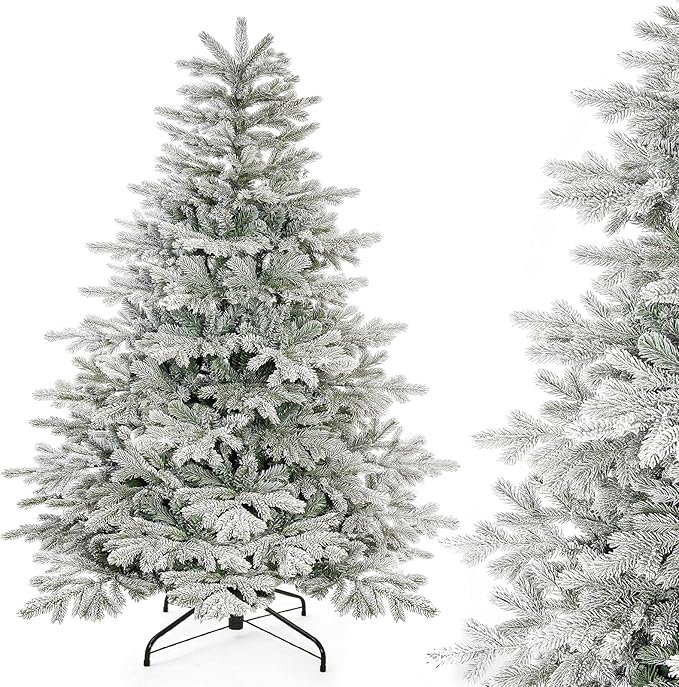 Decoway 6ft Artificial Christmas Tree, Unlit Snow Flocked Xmas Tree with 1571 Branch Tips and Sturdy Metal Stand for Indoor Outdoor Home Decoration