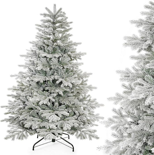 Decoway 6ft Artificial Christmas Tree, Unlit Snow Flocked Xmas Tree with 1571 Branch Tips and Sturdy Metal Stand for Indoor Outdoor Home Decoration