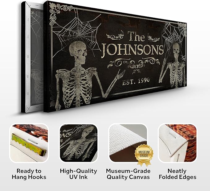 Tailored Canvases Gothic Family Wall Decor - Personalized Grunge Vintage Skeleton Room Decor for Home, Halloween Lovers, Men & Women for Bedroom, Living Room - Goth Spooky, Custom Couple Name, 60"x30"