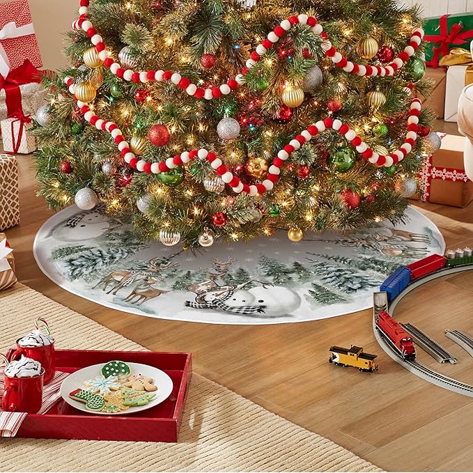 AVOIN colorlife Snowman Reindeer Snowflake Christmas Tree Skirt 48 Inch, Winter Holiday Tree Mat Decoration