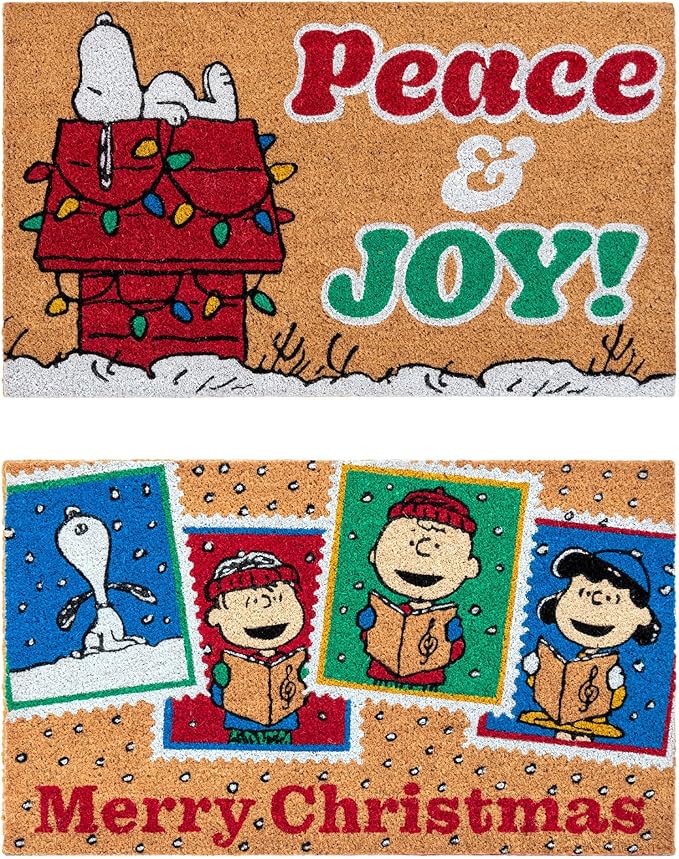 Gertmenian Peanuts Snoopy Coir Doormat - 2x3 Welcome Mat (2-Pack), Ideal for High Traffic Areas in Front Door, Garage, Entryway - Peace & Joy, 80023