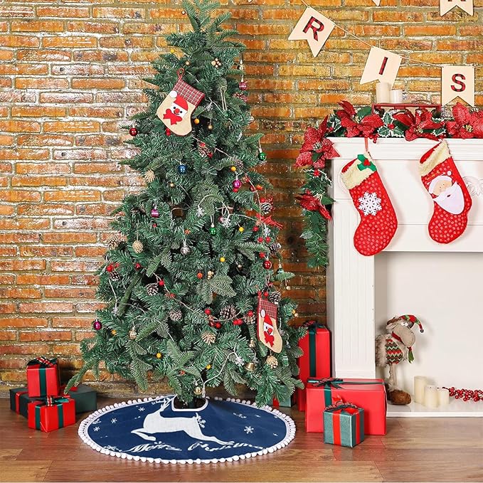 48 Inch Christmas Tree Skirt, Burlap Blue Christmas Rustic Tree Skirt with Elk Deer and White Snowflake Printed for Holiday Party Xmas Tree Decoration