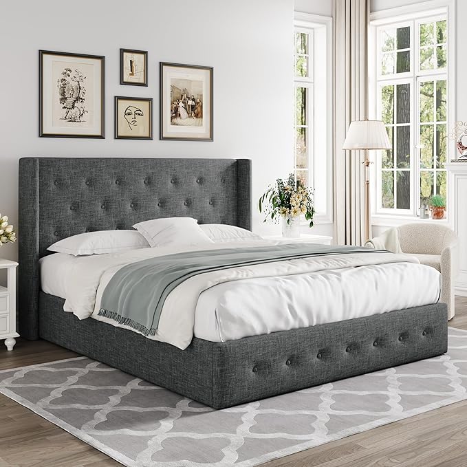Allewie Queen Size Lift Up Storage Bed, Button Tufted Headboard with Wingback, Hydraulic Support, No Box Spring Needed, Dark Grey