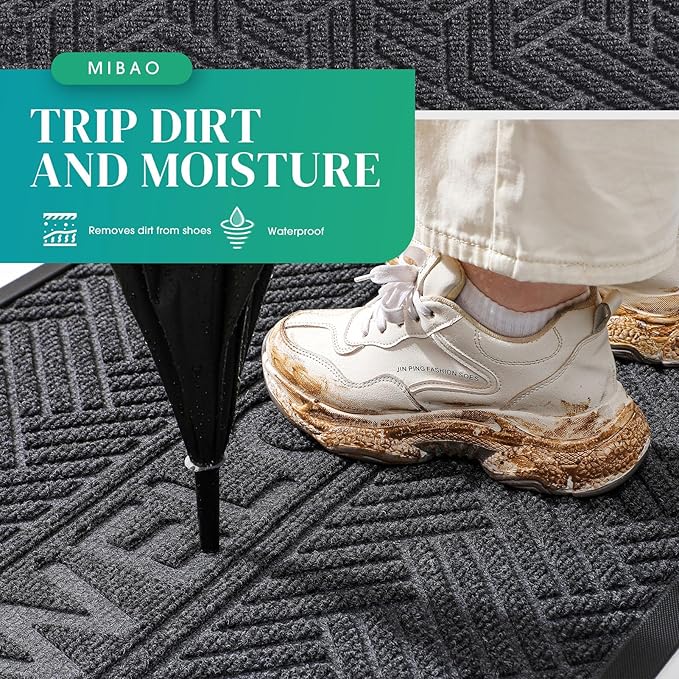 Mibao Front Door Mat Outside Entrance, Durable Outdoor Indoor Mat, Low Profile Heavy Duty Doormat, Non-Slip, Traps Dirt and Moisture, Easy Clean Patio Porch Entryway Mat, 29.5" x 17", Grey