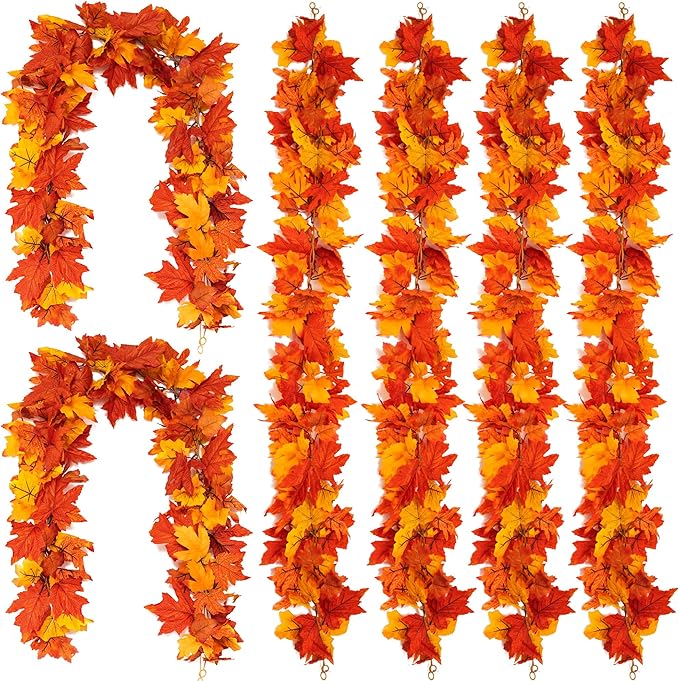 6PCS Yellow-Red Fall Maple Leaves Garland, 5.6Ft Artificial Maple Leaf Autumn Garland Hanging Fall Vines Table Decorations Front Door Fall Decor Thanksgiving Decorations Decor Outside Indoor Decor