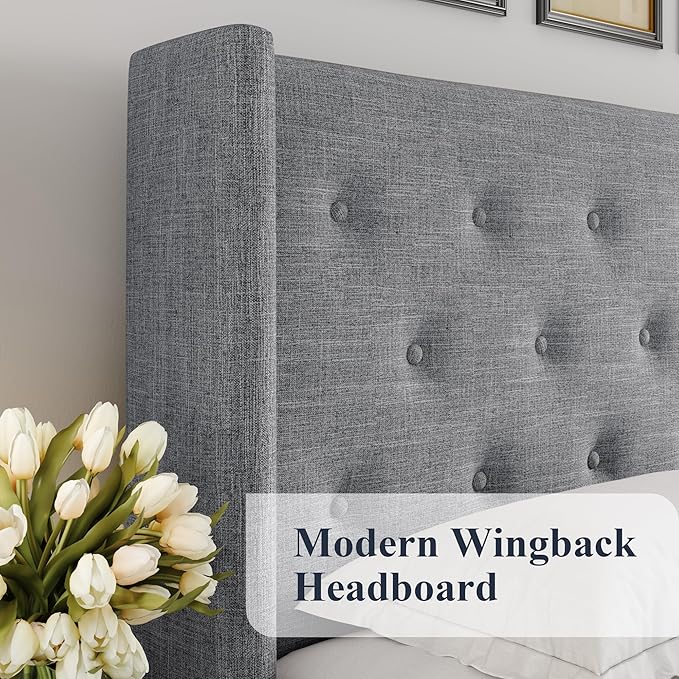 Allewie Queen Size Lift Up Storage Bed, Button Tufted Headboard with Wingback, Hydraulic Support, No Box Spring Needed, Light Grey