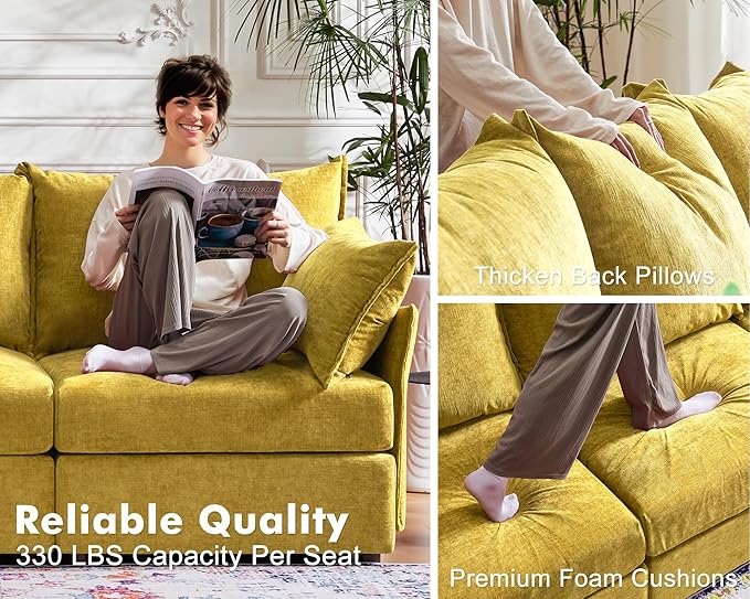 Luxury Modular Sectional Sofa, L-Shaped 3-Seat Couch with Storage Ottoman Deep Seat & Reversible Chaise Lounge Chenille Yellow for Compact Spaces, Apartments, Dorm