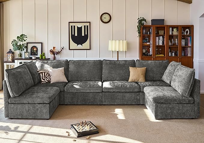 Oversized Modular Sofa Comfy Cloud Couch with Storage, Extra Deep Plush Sectional Sofa Set for Living Room, Covers Washable, Chenille, Olar (Grey, 6-Seater with 2 Corners, u-Shaped)