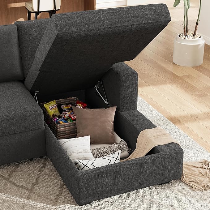 HONBAY Sectional Couch with Pull Out Bed, U-Shaped Sectional Sleeper Sofa with Storage, 6 Seater Sectional Sofa Bed, Mid-Grey