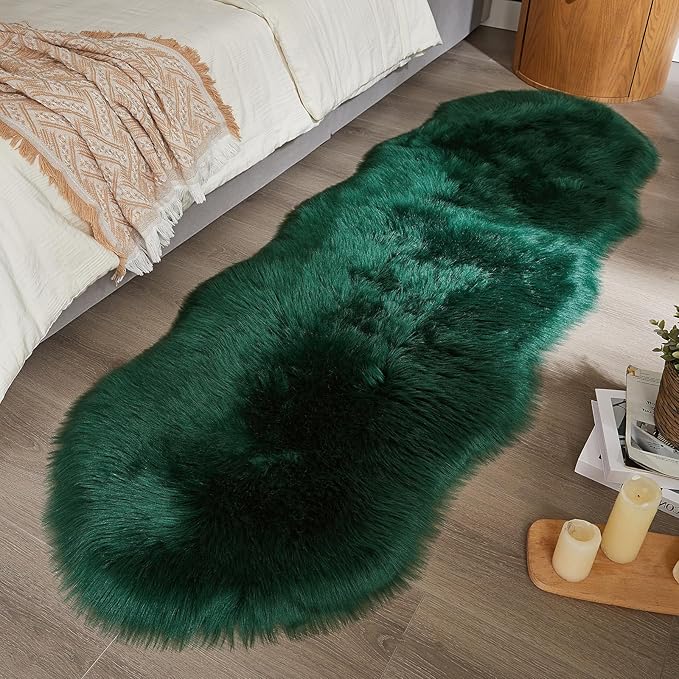 AMTOVO Faux Sheepskin Rug, Dark Green Ultra Soft Fluffy Shag Area Rug, 2 x 6 ft Faux Fur Rug for Bedroom Sofa Throw Cushion Room Decor, Sheepskin