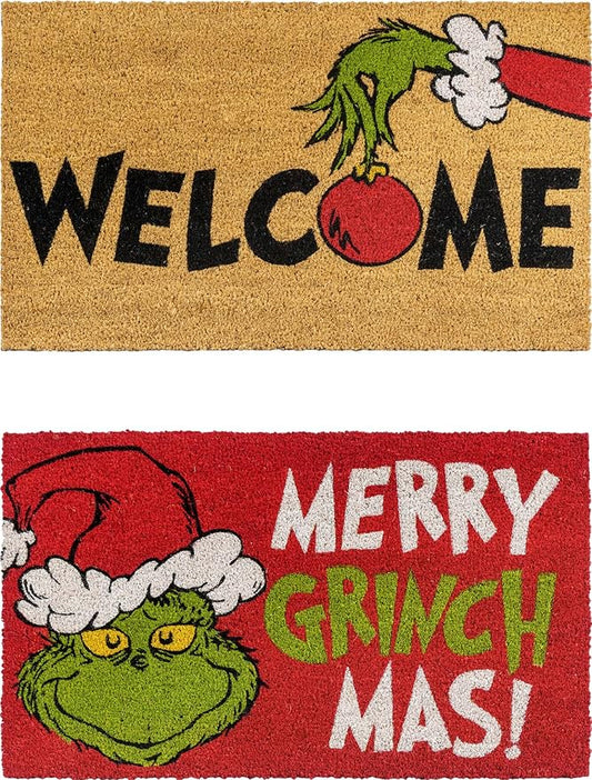 Gertmenian Disney Mickey Mouse Doormat Rug Retro Front Door Coir Mat Home Indoor Outdoor Entryway Carpet, 2-Pack 20x34, The Grinch Welcome/Merry Grinchmas